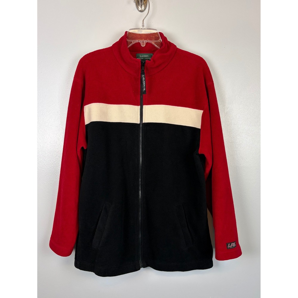 Lauren Ralph Lauren Fleece Jacket Medium Red Black Colorblock Full Zip Mock Neck - Picture 5 of 8